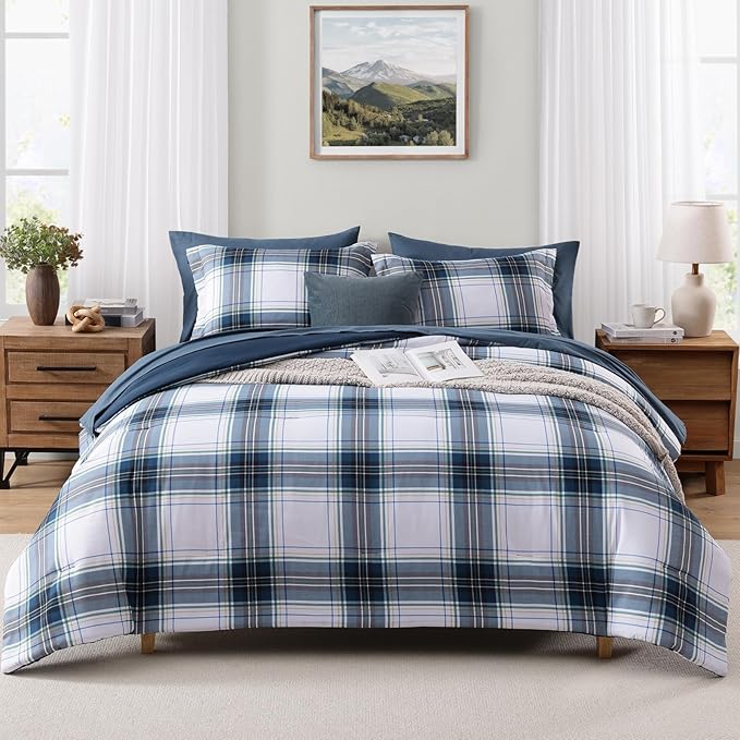 MaiRêve Full Size Plaid Comforter Set Blue White, Classic 7 Pieces Farmhouse Bedding Set, All Season Lightweight Bed in A Bag with Sheets, Pillowcases & Shams
