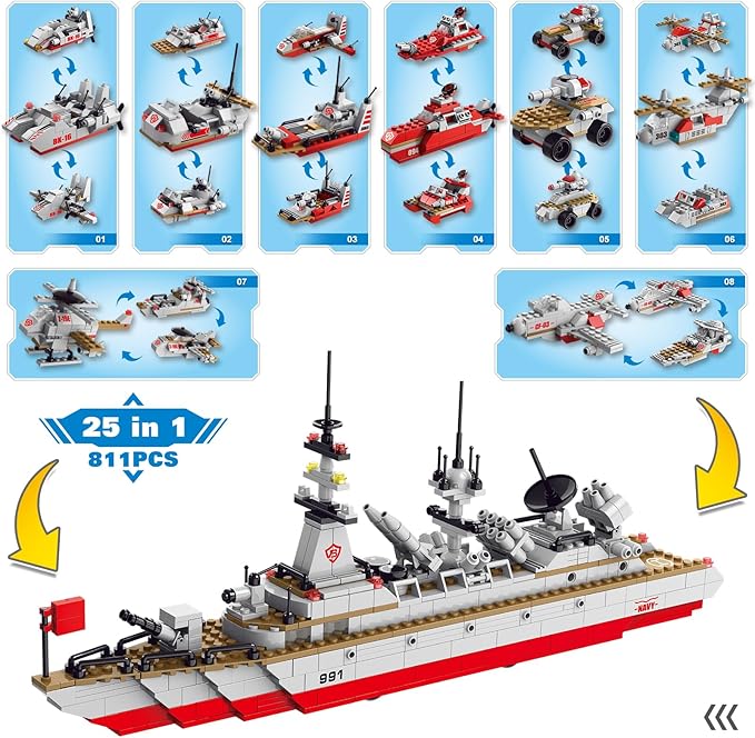 Sitodier STEM Building Set Toy | 811pcs Construction 25 in 1 Cruiser Ocean Ship Building Toy for 6 Years Up Boys | 25 Models Engineering Building Bricks Kit for Kids Ages 6 7 8 9 10 11 12 Years Old
