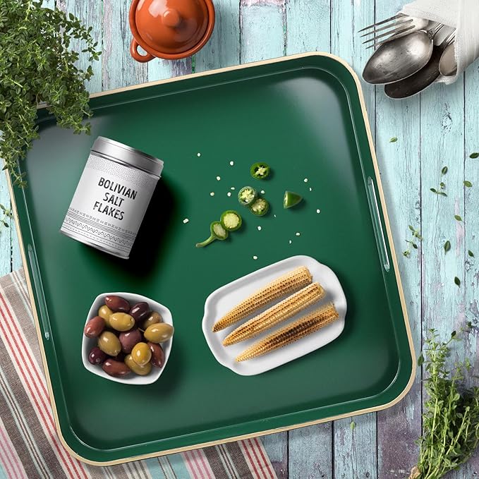 Omuriko Green Square Decorative Tray with Handles, 13"*13" Versatile Serving Tray for Coffee Table, Ottoman, Ideal for Serving, Displaying, Organizing