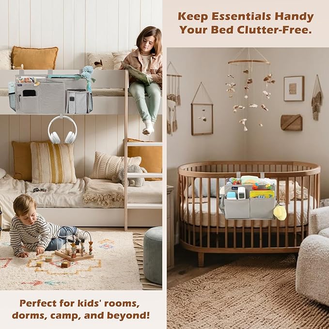 Surblue Bedside Caddy Bunk Bed Storage Organizer Hanging Pockets for College Dorm Rooms, Hospital Beds, Baby Bed Rails, Camping, RV, Small and Large Set, Grey