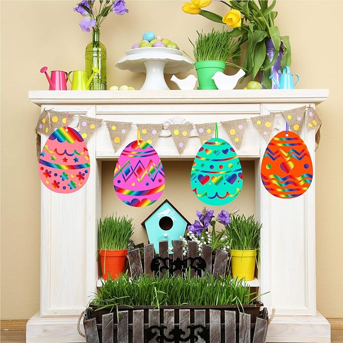 32 Sets Magic Color Scratch Art Easter Egg Ornaments Decorations DIY Easter Craft Kits Scratch Paper Easter Egg Scratching Tools for Kids Party Favors Easter Spring Classroom Home Activity Art Project