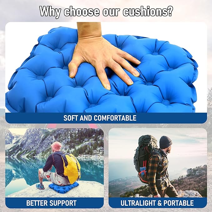 BreezCamp Inflatable Seat Cushion, Lightweight Stadium Seat Pad, Camping Accessories Chair Pad for Airplane Travel, Hiking, Climbing, Home and Office,Blue