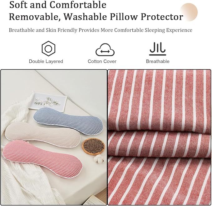 Buckwheat Pillow Cervical Neck Pillow, Buckwheat Hulls Filling Cooling Lumbar Support Pillow, Adjustable Firmness Ergonomic Design with Washable Cover, Red 19"X7"