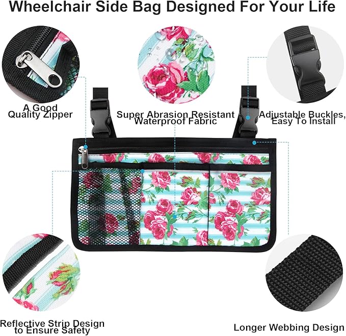 Wheelchair Side Bag, Upgrade Flower Color Wheelchair Armrest Storage Pouch with Cup Holder and Reflective Strip Made with Waterproof Fabric, for Most Wheelchairs, Walkers and Rollators (White Floral)