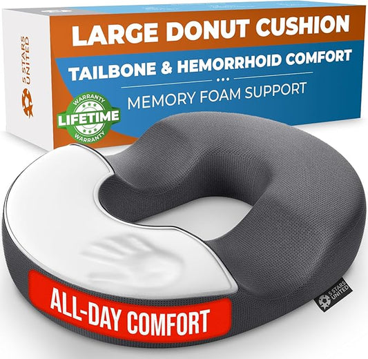 5 STARS UNITED Donut Pillow Hemorrhoid Tailbone Cushion – Large Cushion for Pain Relief – Coccyx, Prostate, Sciatica, Pelvic Floor, Pressure Sores, Pregnancy, Postpartum Recovery, Dark Gray