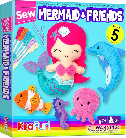 KRAFUN Mermaid Sea Animals Beginner Sewing Kit for Kids Art & Craft kit, Includes 5 Soft Plush Dolls, Instructions & Felt Materials for Learn to Sew, Embroidery Skills, Gift for Girls Educational