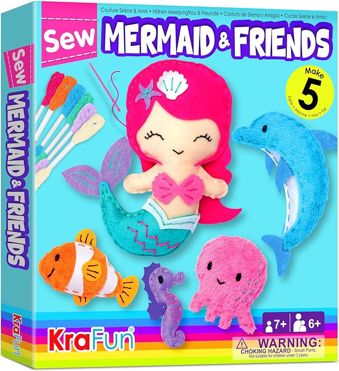 KRAFUN Mermaid Sea Animals Beginner Sewing Kit for Kids Art & Craft kit, Includes 5 Soft Plush Dolls, Instructions & Felt Materials for Learn to Sew, Embroidery Skills, Gift for Girls Educational