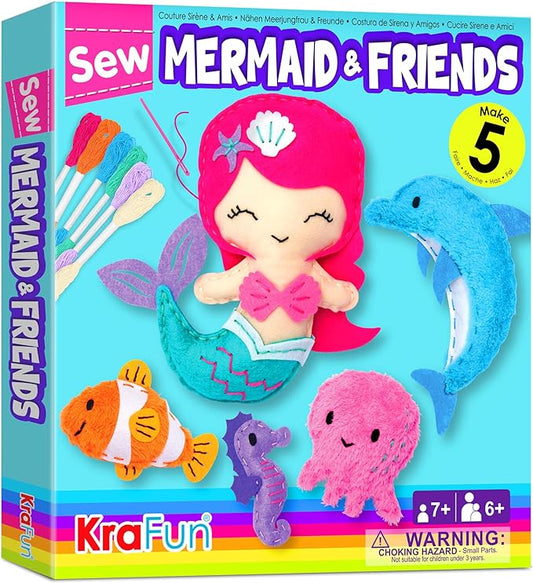 KRAFUN Mermaid Sea Animals Beginner Sewing Kit for Kids Art & Craft kit, Includes 5 Soft Plush Dolls, Instructions & Felt Materials for Learn to Sew, Embroidery Skills, Gift for Girls Educational