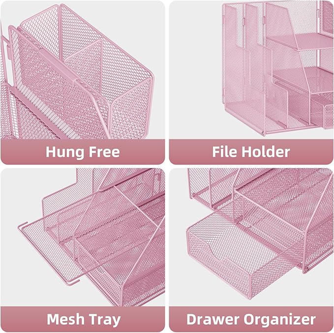 Marbrasse Desk Organizer and Accessories, 3-Tier File Organizer with Drawer and Pen Holder, Small Desktop Organizer and Storage for Workspace Office Supplies Pink