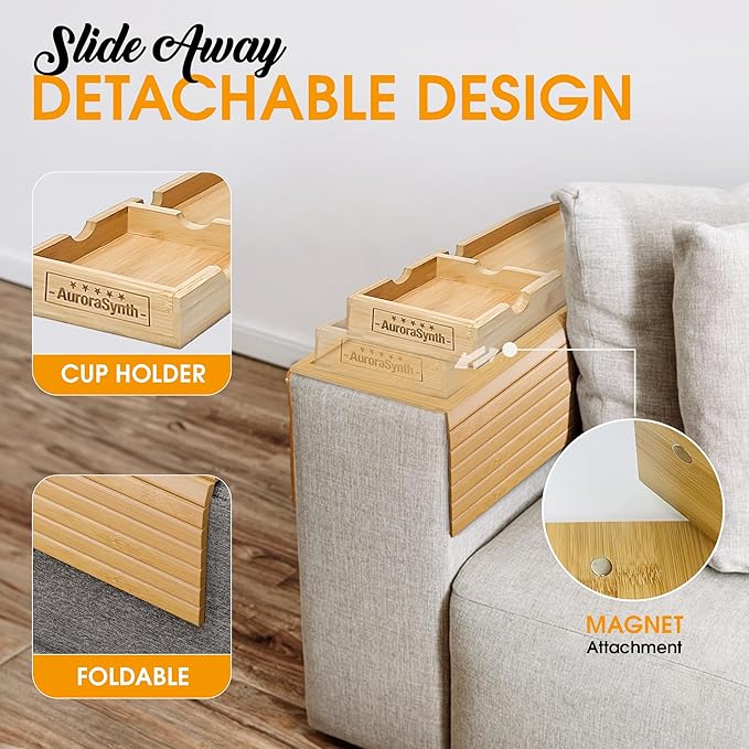 Bamboo Couch Cup Holder Tray with 2 Cork Coasters, Caddy, Anti-Slip Foldable Armrest Sofa Tray, Anti-Spill Holder for Remote, Snacks, Cellphone - Ideal Gift