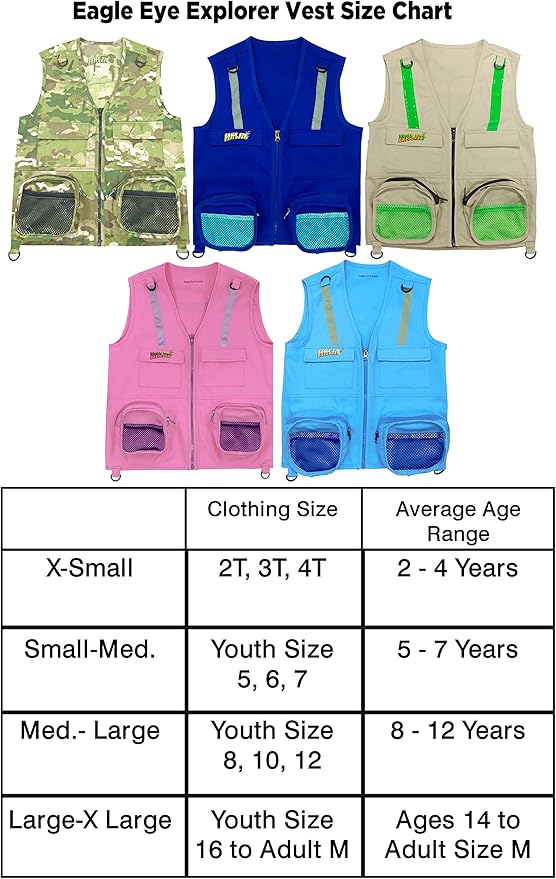 Light Blue S/M Vest and Hat Fits Youth Size 4-7; 1 Blue Cargo Vest for Kids with Reflective Safety Straps & 1 Floppy Bucket Sun Hat with Chin Strap. Color: Light Blue Fits 4-7