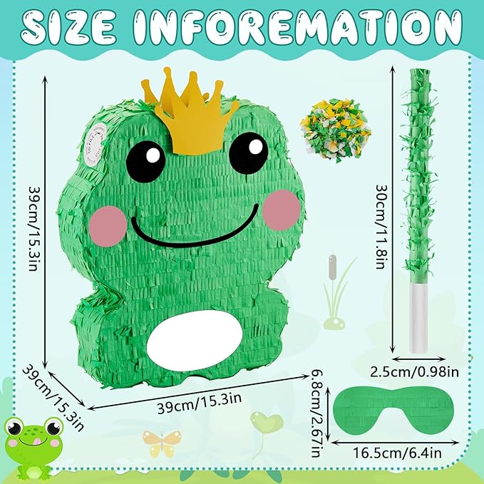 Lewtemi 15'' x 12'' x 3'' Frog Piñata Set Frog Birthday Decorations Include Large Piñata, Stick, Blindfold and Confetti for Kids Frog Party Decorations Favors Supplies Outdoor Games