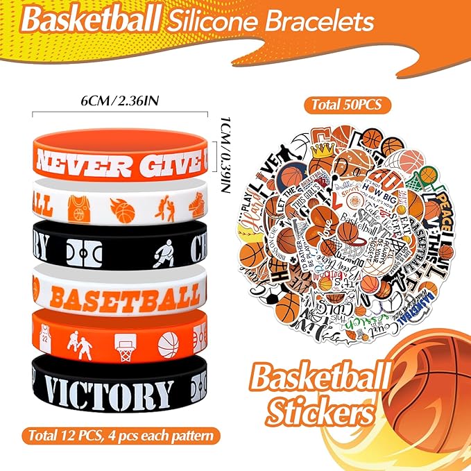 122Pcs Basketball Party Favors Basketball Goodie Bag Favors with Stress Ball Keychain Tattoo Sticker Silicone Bracelet for Basketball Themed Birthday Party Supplies