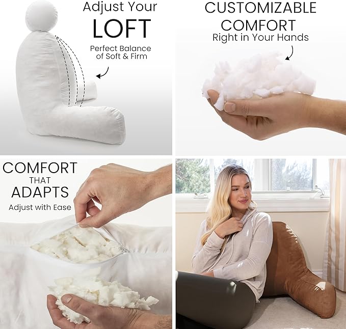 Husband Pillow Tan, Original Reading Pillow in Bed Rest Chair, Shredded Memory Foam Large Lounge Cushion Adult Backrest with Arms, Comfy Back Support for Sit Sitting Up, Washable/Removable Cover