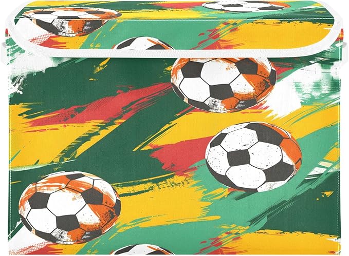 senya Large Storage Bins with Linen Collapsible Foldable Storage Cubes Fabric Closet Organizer Containers box with Flip-Top Lid for Home Bedroom Office 16.7 x 12.6 x 11.8in (Football)