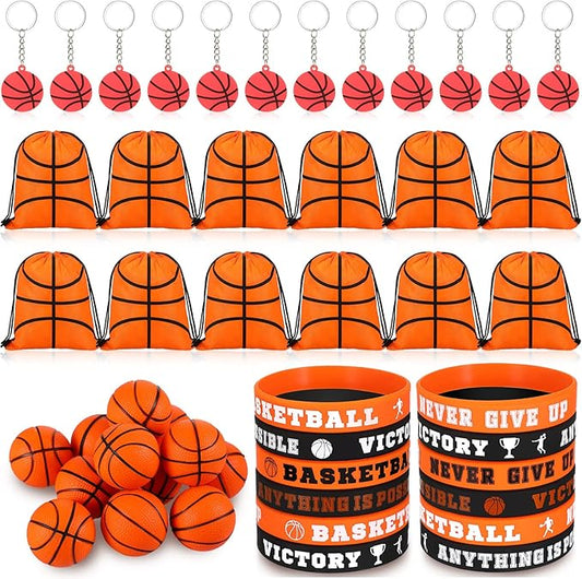 LEIFIDE 48 Pcs Basketball Soccer Football Baseball Party Favors Supplies 12 Silicone Bracelet 12 Drawstring Treat Bag 12 Mini Stress Ball 12 Keychains for Birthday Sports Party Supplies(Basketball)