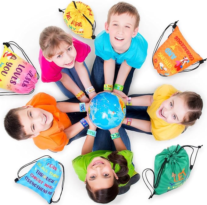Frienda 10 Sets Christian Gift Bags Bulk Bible Verse Drawstring Bags with Jesus Slap Bracelets Religious Party Favors Gifts Jesus Loves You for Sunday School Classroom Prizes Party Supplies(Classic)