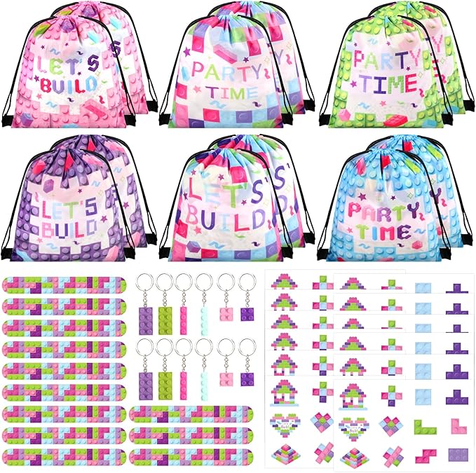 98 Pcs Train Party Favors,Train Print Party Supplies Include Stickers Stamps Keychains Slap Bracelets and Drawstring Bags Party Decorations for Kids TrainTheme Birthday supplies (E-Building Blocks)