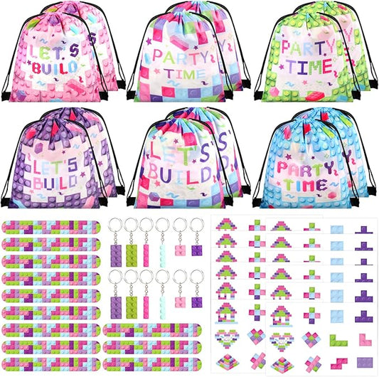 98 Pcs Train Party Favors,Train Print Party Supplies Include Stickers Stamps Keychains Slap Bracelets and Drawstring Bags Party Decorations for Kids TrainTheme Birthday supplies (E-Building Blocks)