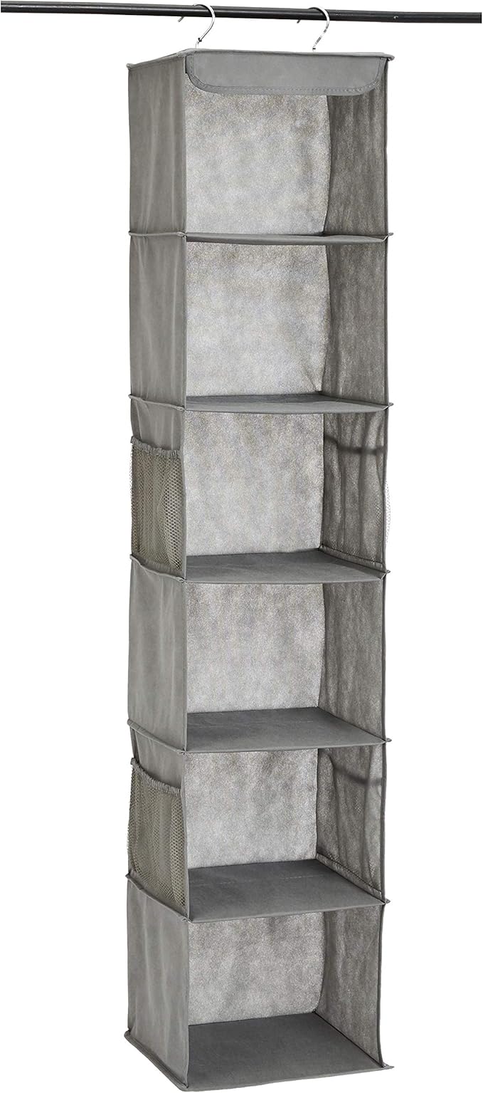 Amazon Basics 6-Tier Hanging Closet Shelf Organizer With Pockets, 8.5" D x 12" W x 9" H, Grey | Organizer, With Pockets