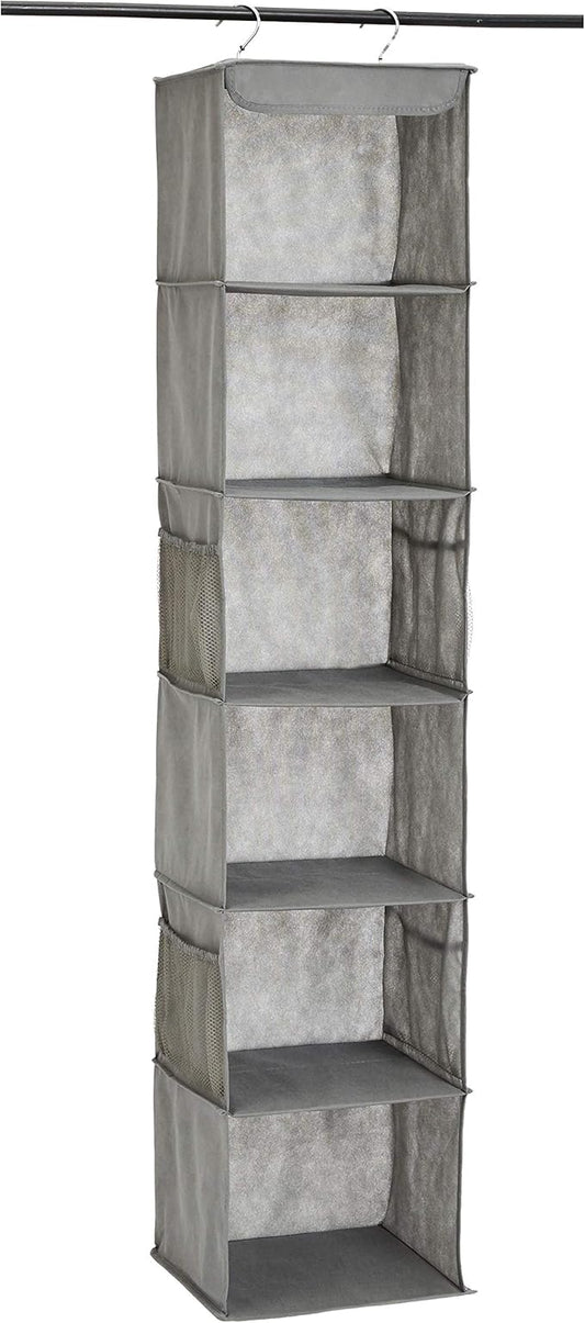 Amazon Basics 6-Tier Hanging Closet Shelf Organizer With Pockets, 8.5" D x 12" W x 9" H, Grey | Organizer, With Pockets