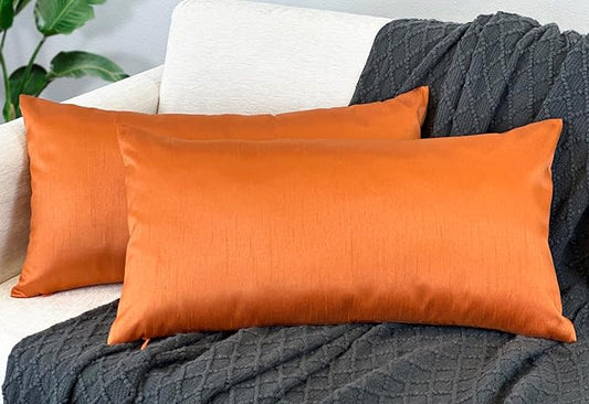 Aiking Home 12x24 Inches Faux Silk Rectangular Throw Pillow Cover, Zipper Closure, Orange (Set of 2)