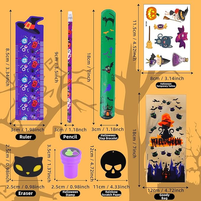 192 Pcs 24 Pack Assorted Halloween Stationery, Party Favors for Kids, Goodie Bags Stuffers Set Including Pencils, Rulers, Stamps and Erasers in Trick or Treat Bags