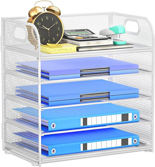 5-Tier Stackable Paper Organizer with Handle, White Metal Mesh Desk Organizer Letter Tray | Office Storage & Organization for Home, School & Workplace