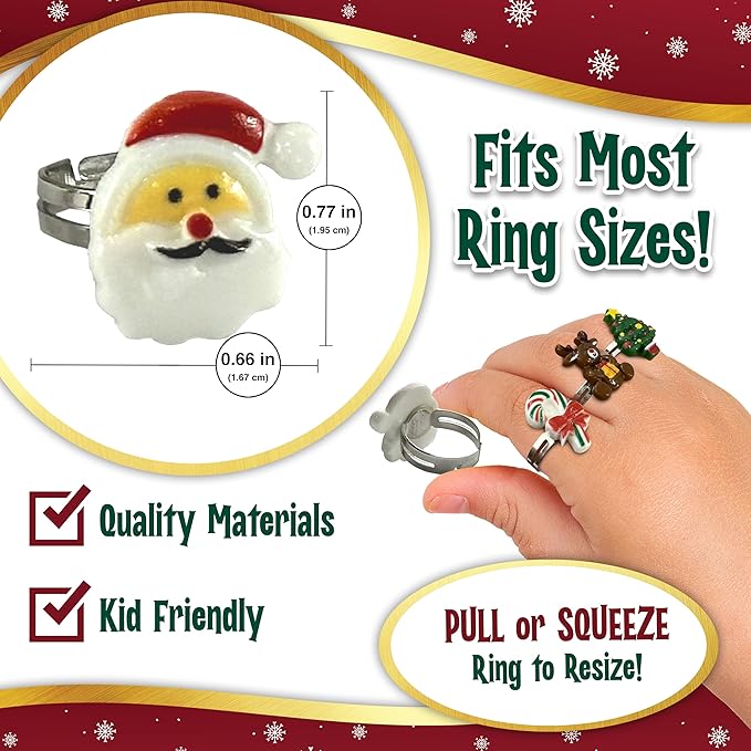 Christmas Stocking Stuffers Jewel Rings for Kids, Set of 10 Christmas-Themed Adjustable Holiday Dress-Up Rings for Girls in Christmas Tree Gift Box, Christmas Gift for Girls Age 3 4 5 6 7 8 and Up