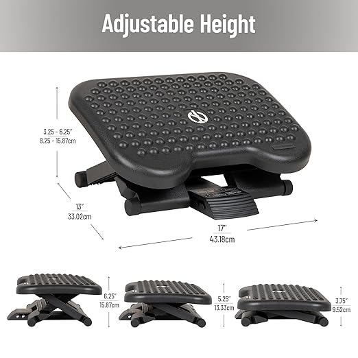 Mind Reader Foot Rest, Under Desk at Work, Ergonomic, Height Adjustable, Office, Plastic, 18" L x 13.5" W x 6.5" H, Black