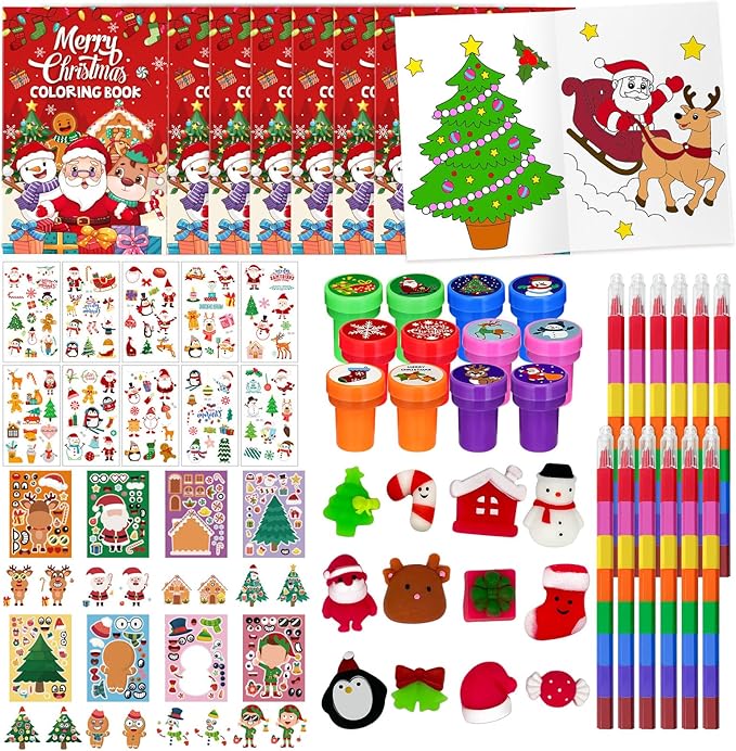Cinrobiye 144 Pcss Merry Christmas Party Favors Max Holiday Coloring Books Tattoo DIY Sticker Stampers Class Reward Prizes for Christmas Holiday Winter Party supplies (Christmas2)