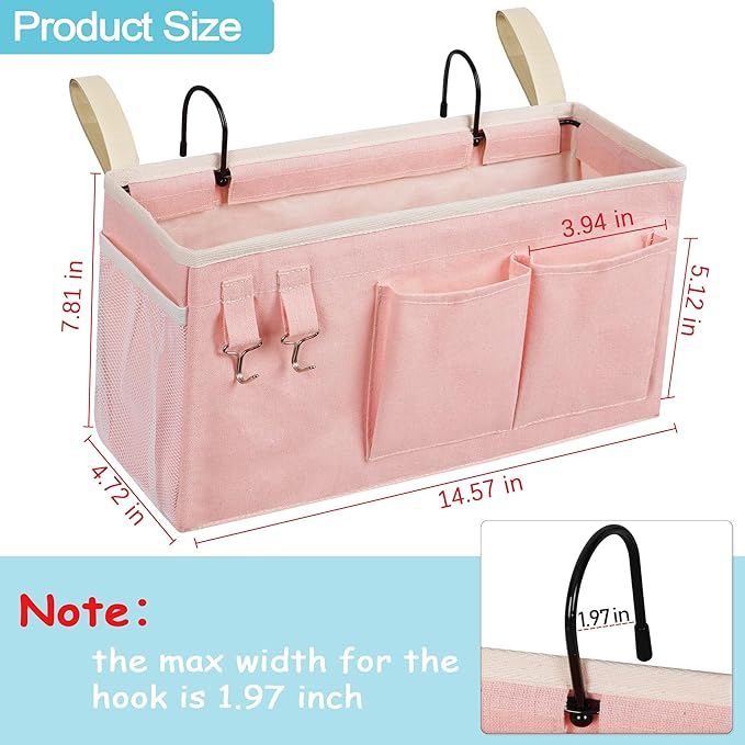 Loghot Bedside Caddy/Bedside Storage Bag Hanging Organizer for Bunk and Hospital Beds,Dorm Rooms Bed Rails,Can be Placed Glasses,Books,Mobile Phones,Keys (Light Pink)