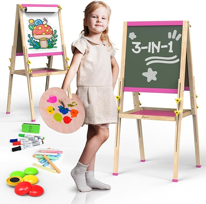 JOYOOSS Easel for Kids Art Easel Kids Easels for Toddlers Easel for 2 Year Old, Dual-Sided Adjustable Wooden Easel Magnetic Board for Kids Easel for Toddlers 2-4 Years and Art Easel for Kids Ages 4-8