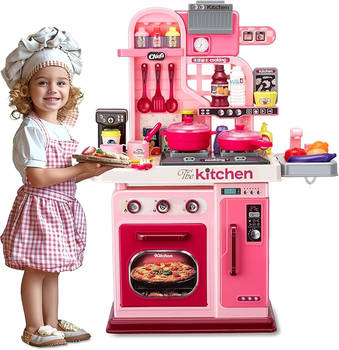 Kids Kitchen Playset-53pcs Cooking Stove,Paly Sink,Oven,Kitchen Toys with Realistic Lights&Sounds，Pretend Play Toys,Kitchen Toys for Toddlers 1 2 3 (Pink)