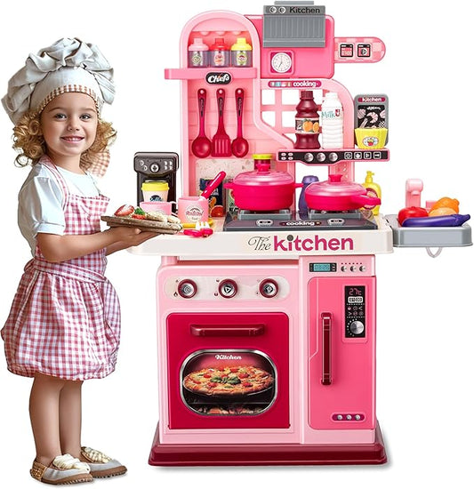 Kids Kitchen Playset-53pcs Cooking Stove,Paly Sink,Oven,Kitchen Toys with Realistic Lights&Sounds，Pretend Play Toys,Kitchen Toys for Toddlers 1 2 3 (Pink)