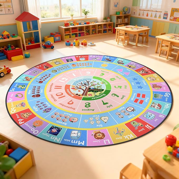 ABC Round Kids Rug for Playroom, 5ft Alphabet Small Classroom Rug, Educational Kids Play Mat With Number Shape Animal Season, Learning Area Rug for Nursery Bedroom Kidsroom, Colorful Non-Slip Washable