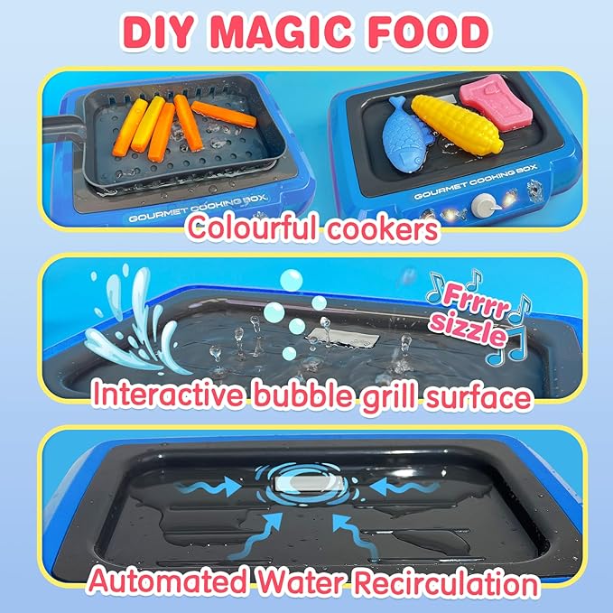 Cooking Simulator Toy with Color Changing Accessories, 20 PCS Fun Frying Kit Gourmet Cooking Box, Magic Fry Simulation Cooking Toy with Sound & Light & Bubble Grill Surface for Kids 3-8-Blue