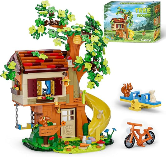 Treehouse Building Blocks Set, Natural Eco Cozy Cottage Educational Toy, Tree House Architecture Sets with Animals, Slide, Swing, Seesaw, Bicycle, Gifts for Kids, Girls and Boys Ages 8 Plus