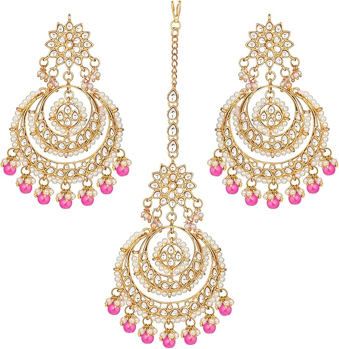 Aheli Bollywood Ethnic Chandbali Style Big Earrings Maang Tikka Set Traditional Fashion Jewelry Gift for Women