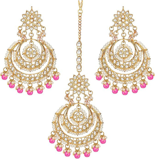 Aheli Bollywood Ethnic Chandbali Style Big Earrings Maang Tikka Set Traditional Fashion Jewelry Gift for Women
