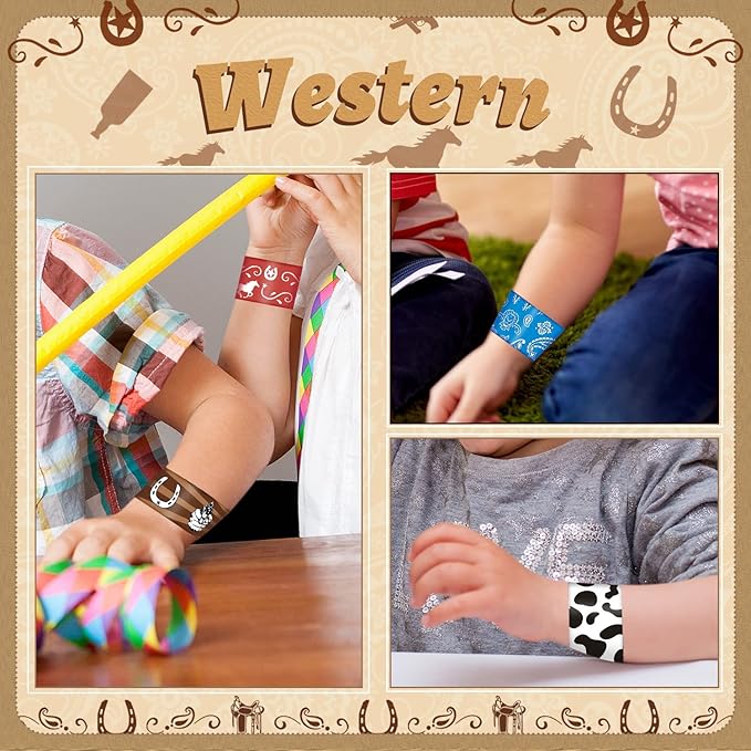 60PCS Western Party Favors Slap Bracelets Cowboy Cowgirl Bracelets Horse Wristbands for Western Themed Party Baby Shower Kids Birthday Party Supplies Decorations