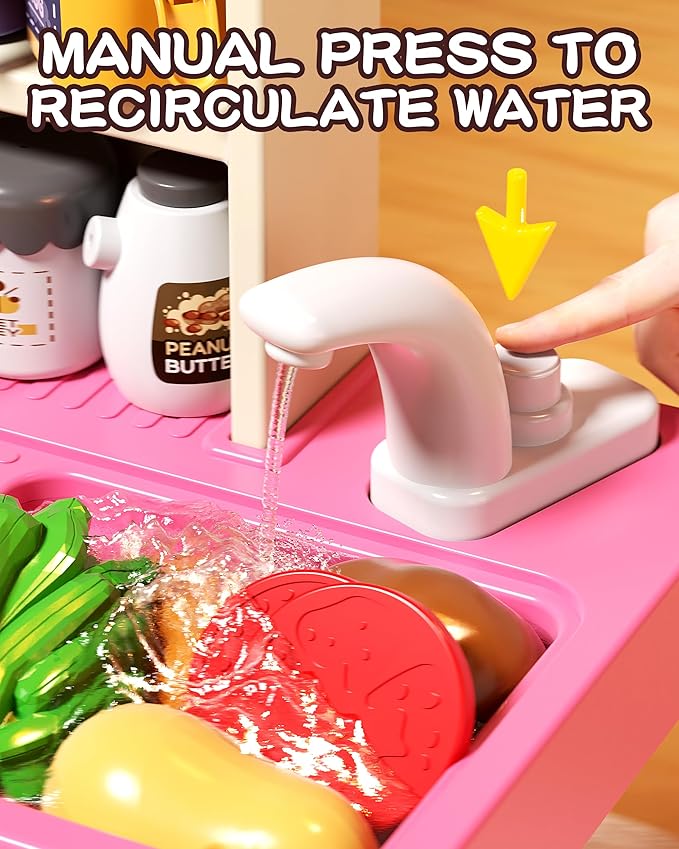 33.8IN Kids Kitchen Playset, 70PCS Kid Play Kitchen with Realistic Lights & Sounds, Spray Sink Toy Kitchen Accessories, Pretend Food Toys Kitchen for Boys Girls Toddlers(Pink)