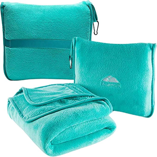 BlueHills Premium Soft Travel Blanket Pillow Airplane Blanket Packed in Soft Bag Pillowcase with Hand Luggage Belt and Backpack Clip, Compact Pack Large Warm for Any Travel (Teal Green T006)