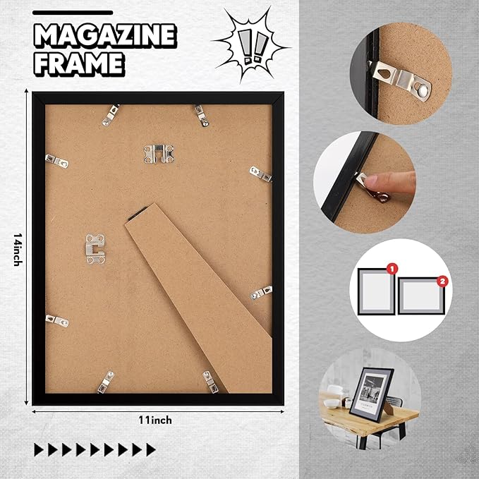 Geetery 4 Pcs Sports Magazine Frame for Wall Fits Measuring 8.5 x 11.25" Magazine Display Frame with Installed Hangers and Core Matting Plastic Comic Book Frames for Wall Hanging(Black, Grey Mat)