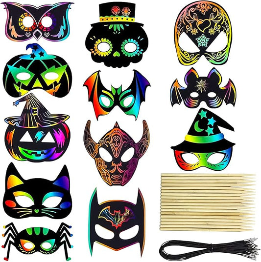 36PCS Halloween Scratch Masks, DIY Rainbow Scratch Paper Mask Art Craft Kit with Bamboo Stylus & Elastic Bands for Magic Scratch Party Favors, Birthday Gifts Pack, Halloween Party for kids
