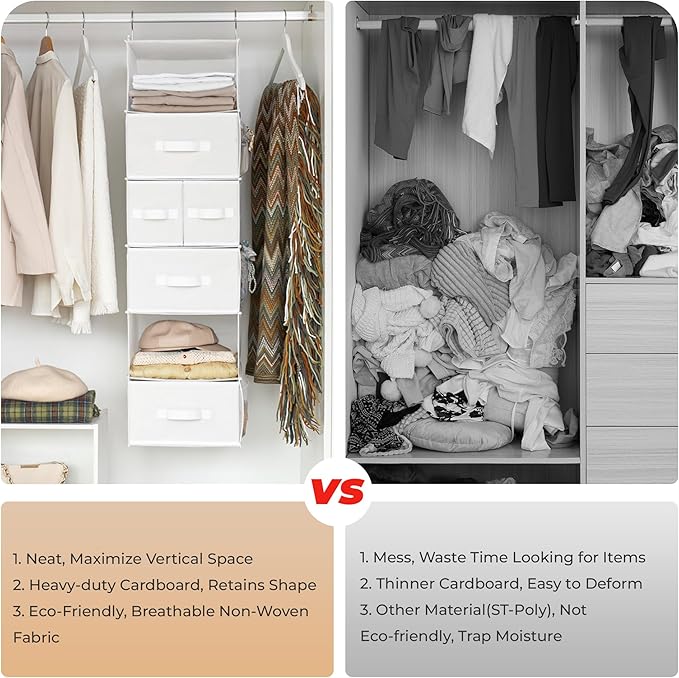 GRANNY SAYS Hanging Closet Organizer and Storage, 6 Shelf Clothes Organization with Drawers, 6 Side Pockets Closet Hanging Shelves for Bras, Socks, Underwear, Nursery Room, Wardrobe, White, 1-Pack