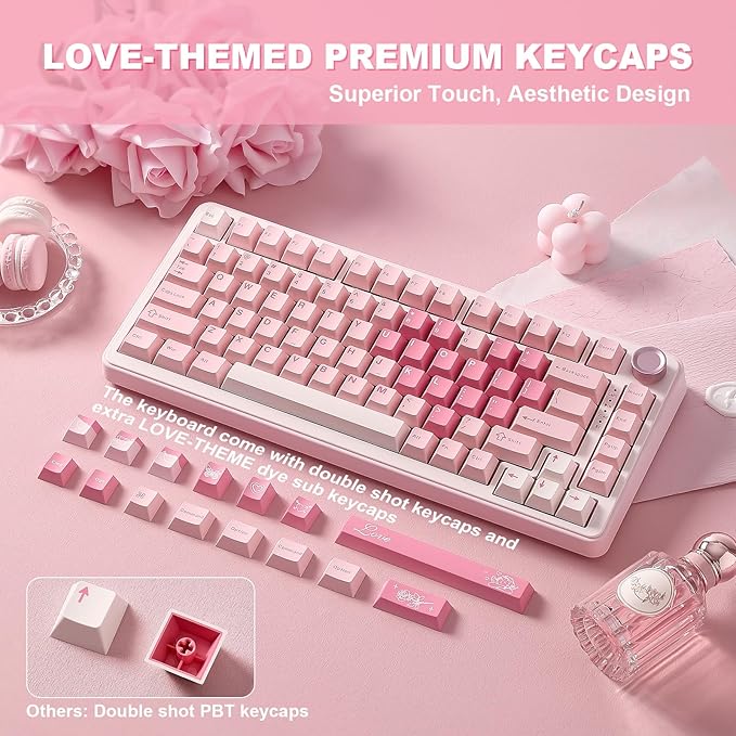 YUNZII B75 PRO Wireless Mechanical Keyboard,75% Layout with Knob,Hot Swap Gasket Custom Structure,Creamy Pre-lubed Switches,RGB Backlit,Bluetooth/Type-C/2.4G for Win/Mac(Milk Switch,Pink)