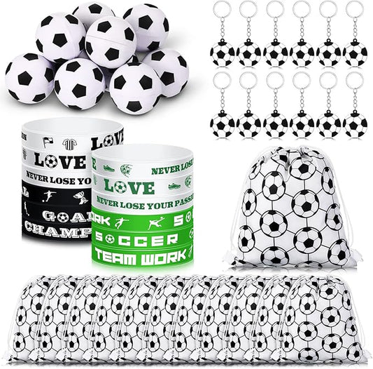 48 Pcs Soccer Party Favors Supplies, 12 Soccer Silicone Bracelet 12 Soccer Drawstring Treat Bag 12 Mini Soccer Stress Ball and 12 Soccer Keychains for Birthday Soccer Party Decorations Gift Kids