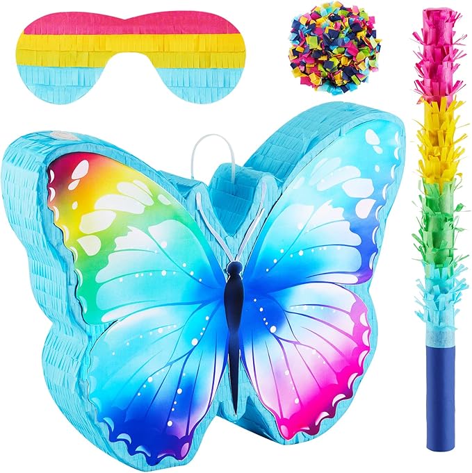 Butterfly Pinata with Pinata Stick, Eye Mask and 1 Pack Confetti, Rainbow Butterfly Party Supplies Butterfly Shaped Animal Pinata for Butterfly Birthday Decorations, 14.96 x 7.08 Inches (Glitter)