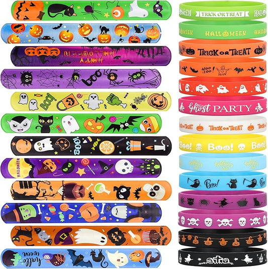 Halloween Party Favors for Kids - 50 Pack Slap Bracelets Halloween Decorations for Party Supplies, 36PCS Friendship Bracelet+14 Rubber Wristbands, Perfect Halloween Snap Bracelets for Halloween Treats